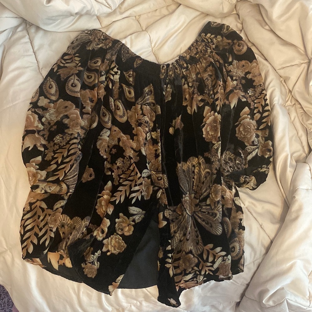 Black and tan/brown floral off the shoulder top